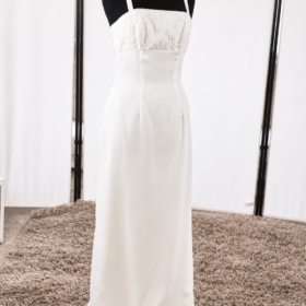 Pipa Satin Wedding Dress with Beaded Bodice – Size 10 – WD004