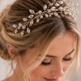 Asymmetrical pearl-style beaded bridal tiara – worn in bridal hairstyle