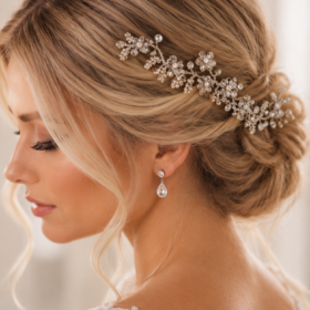 Crystal Blossom Bridal Hair Vine – Bride Side View