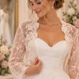 Floral lace bridal jacket size small on bride, view 1