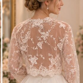 Floral lace bridal jacket size small on bride, view 2