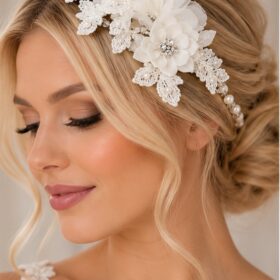 Bride wearing white floral boho side headpiece